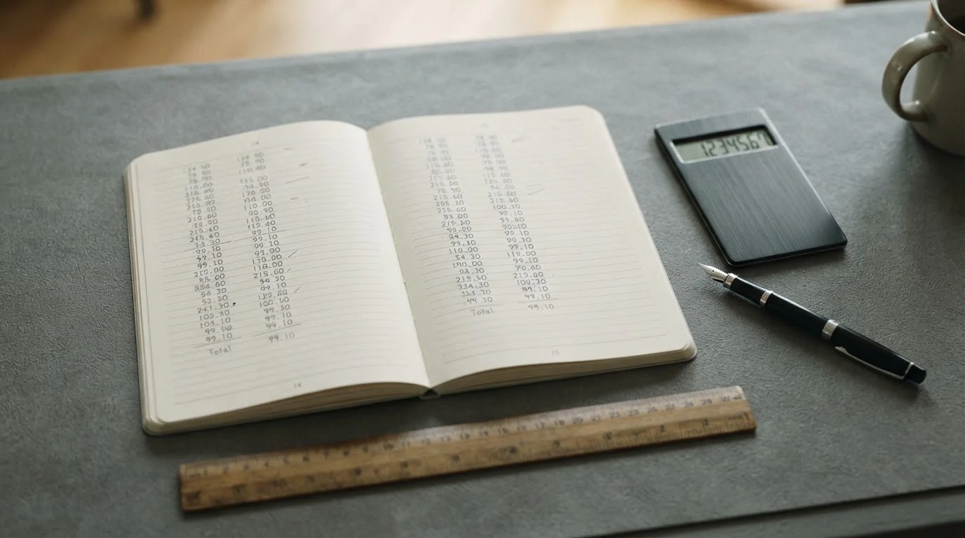 Notizbuch mit Bilanzberechnungen neben Taschenrechner und Stift