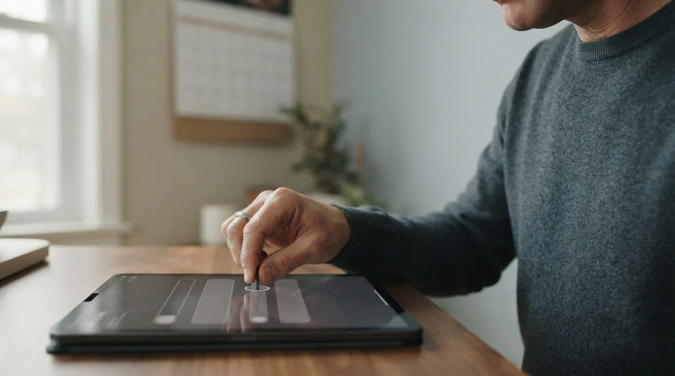 Hände einer Person, die auf einem Tablet ein neutrales Einsatzlimit einstellt