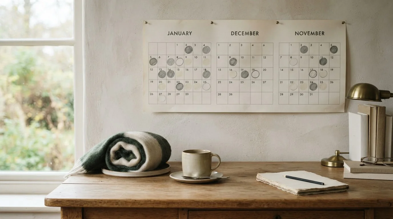 Wandkalender mit markierten Turnierzeiträumen auf einem ruhigen Schreibtisch