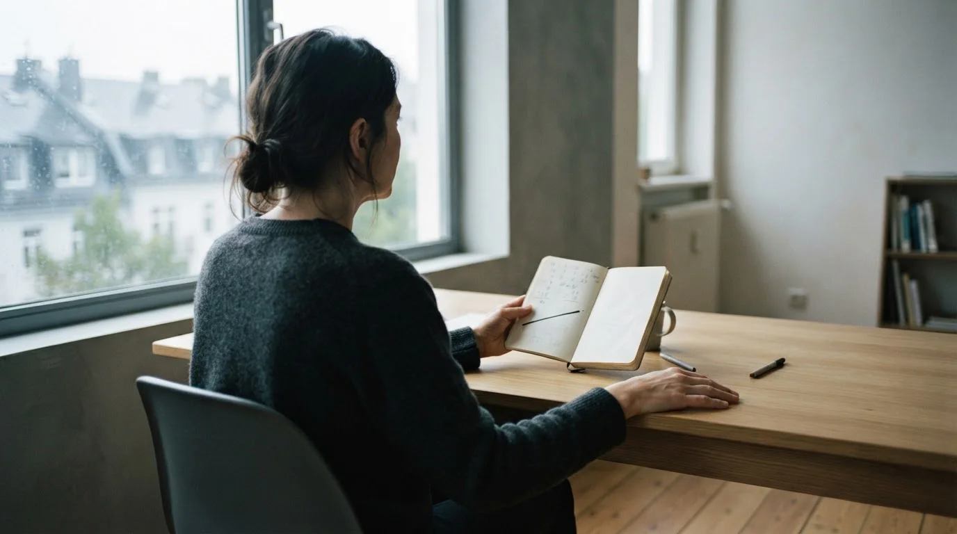 Person am Fenster mit Notizblock und einfachen handschriftlichen Berechnungen