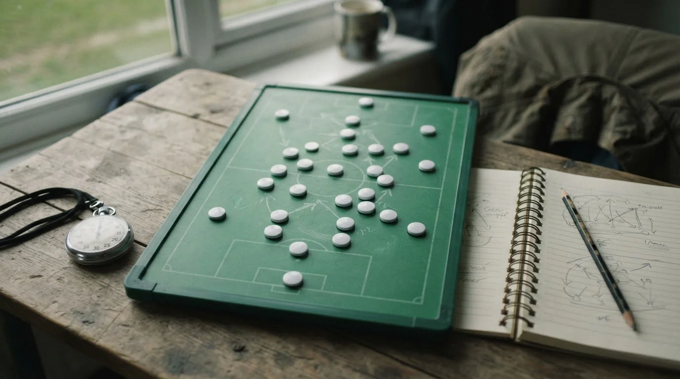 Taktiktafel mit Spielzügen neben Notizen zum Spieltag