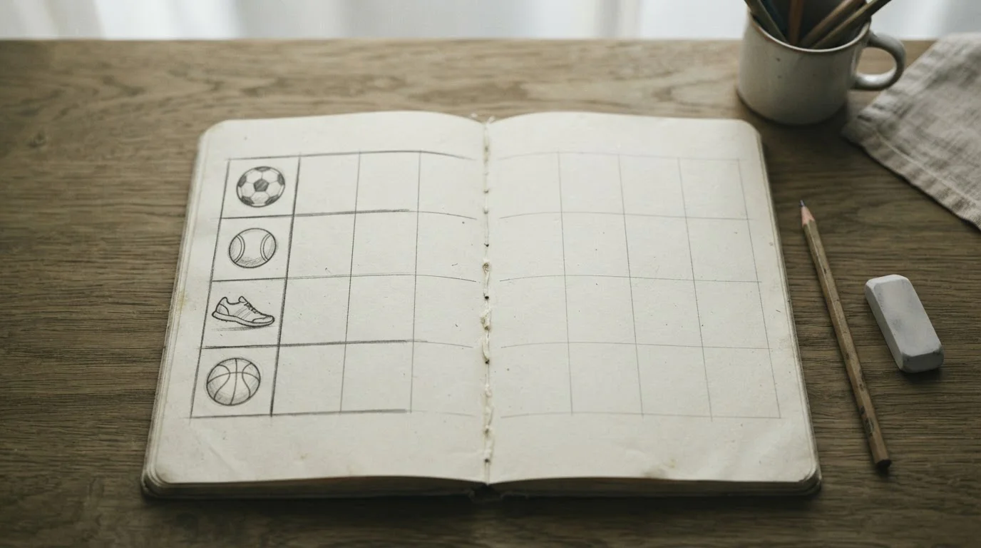 Notizbuch mit skizzierter Matrix verschiedener Sportarten