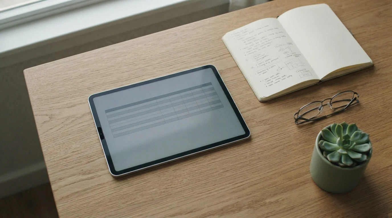 Ruhiger Schreibtisch mit Tablet und Notizen zur Ligaanalyse