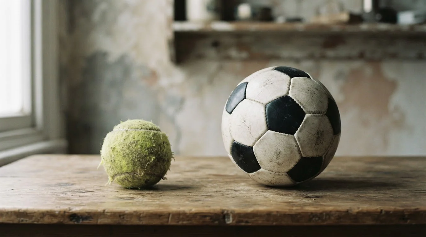 Tennisball und Fußball nebeneinander auf einem Holztisch