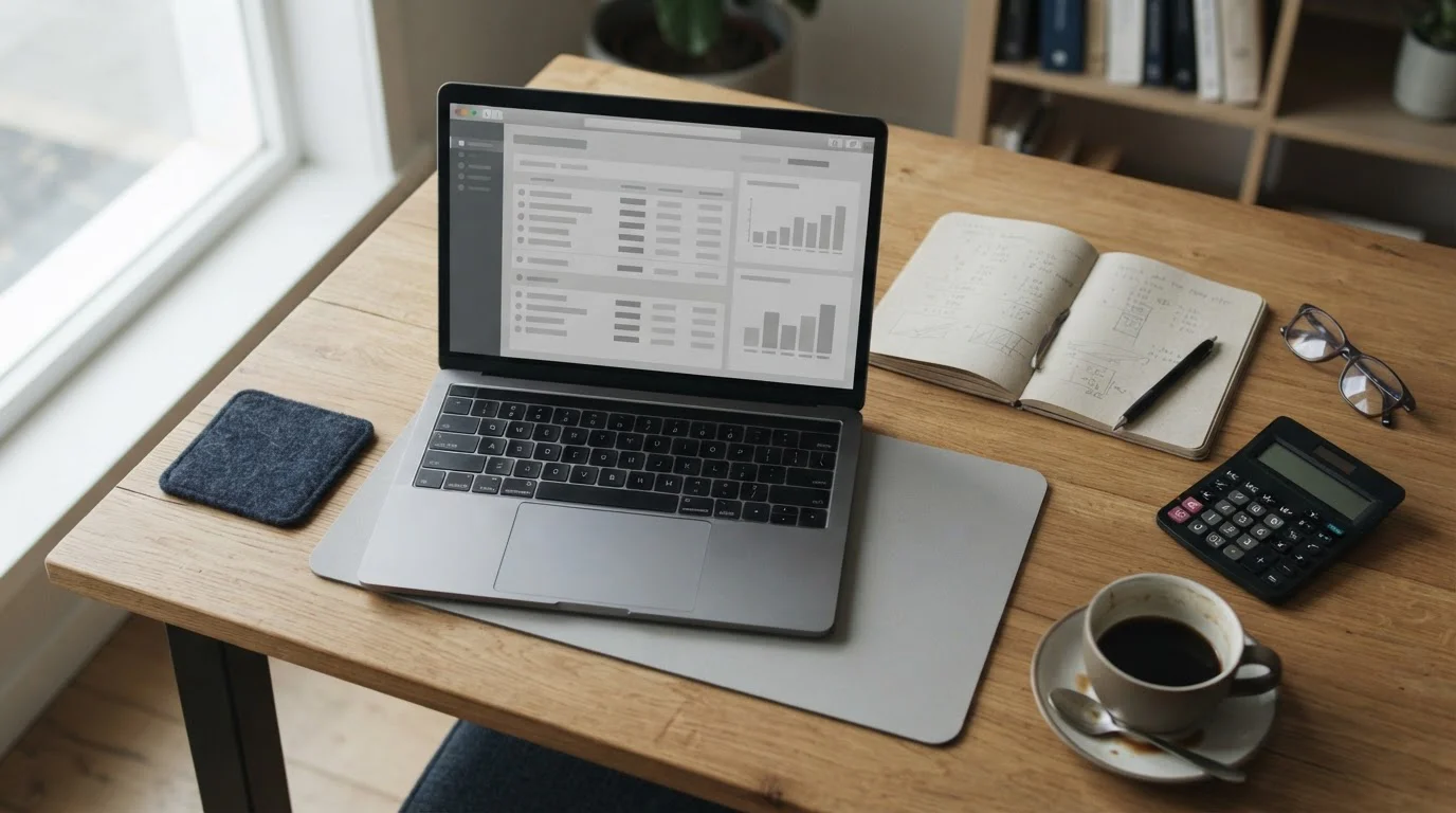 Schreibtisch mit Notizen und Laptop zum Quotenvergleich bei Sportwetten