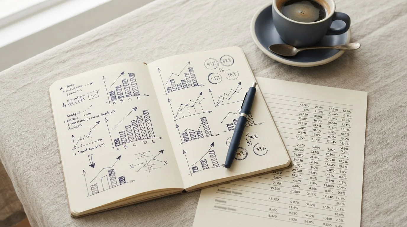 Notizen mit Statistiken und einfache Diagramme auf einem Tisch