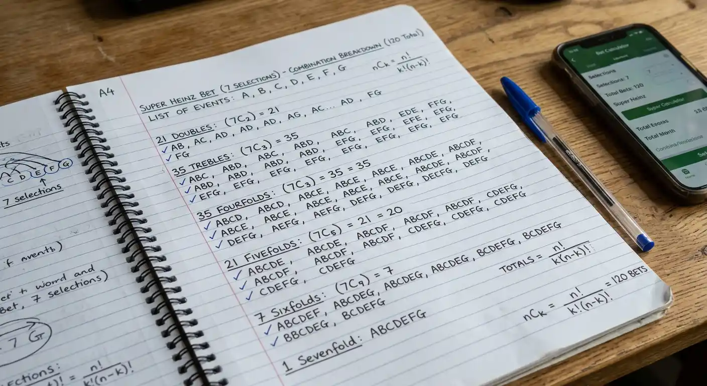 Handschriftliche Berechnung der 120 Kombinationen einer Super-Heinz-Wette