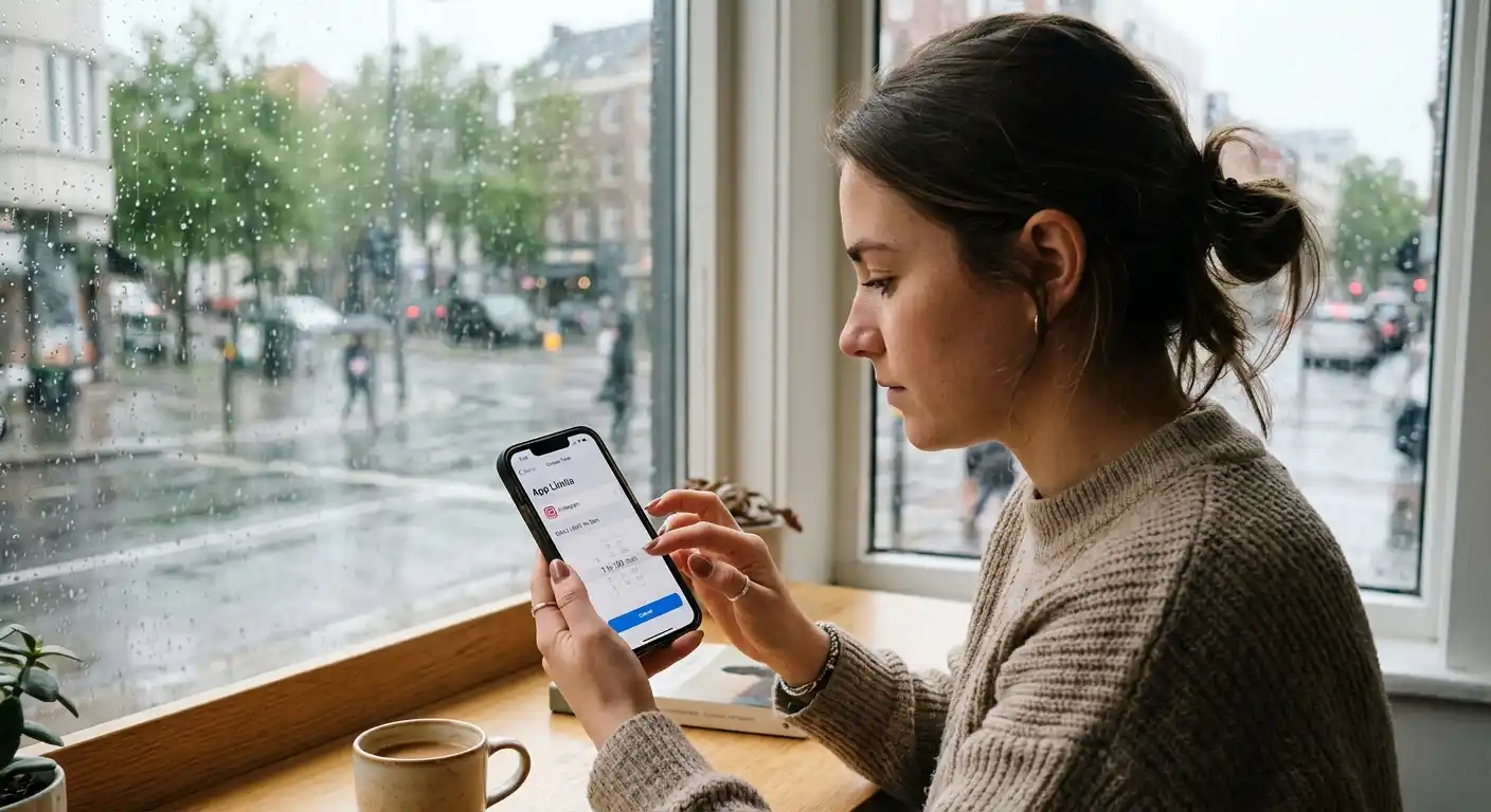 Person am Fenster setzt ein Limit auf dem Smartphone