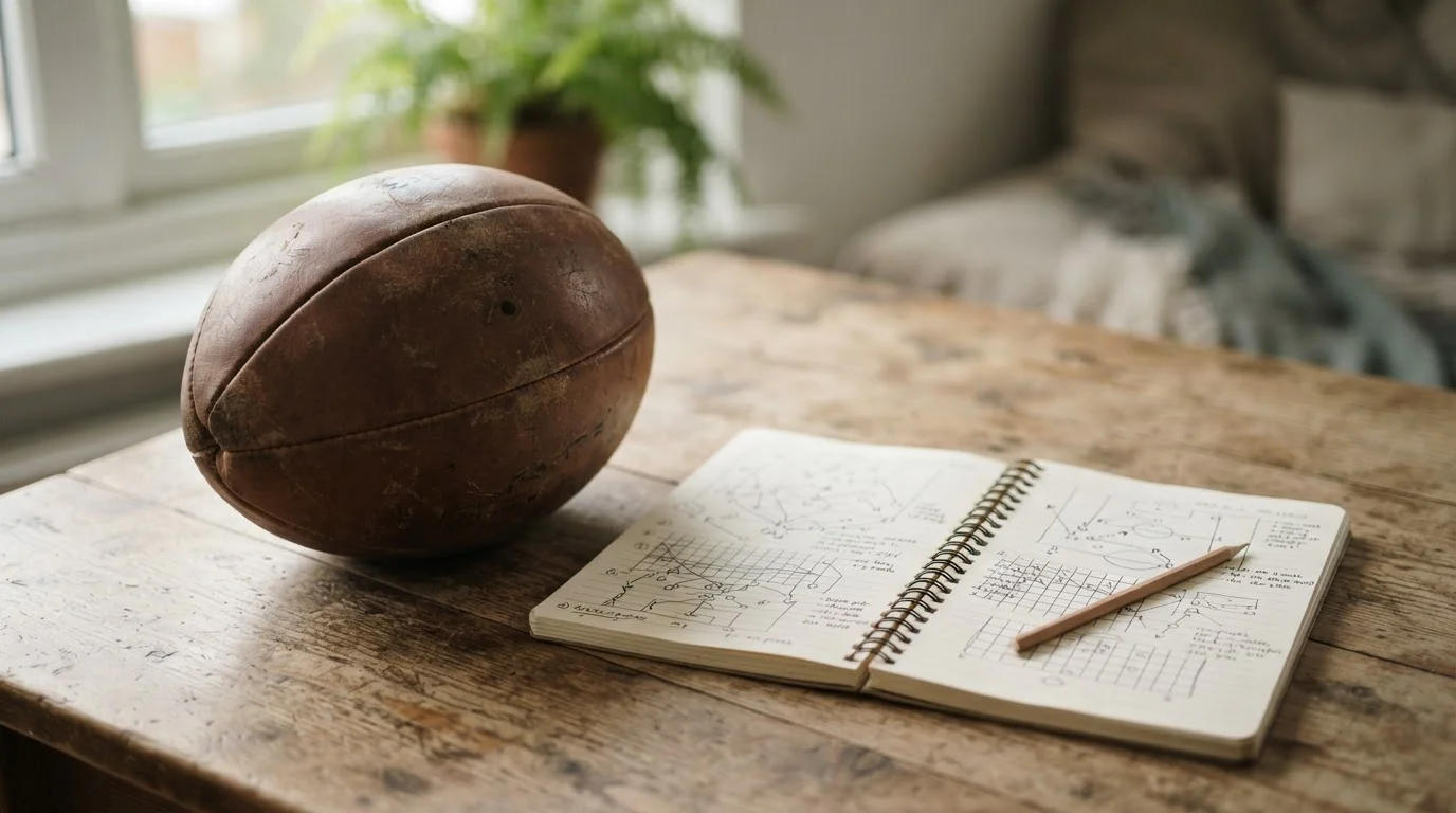 Fußball und Notizen mit Spielplan auf einem Holztisch