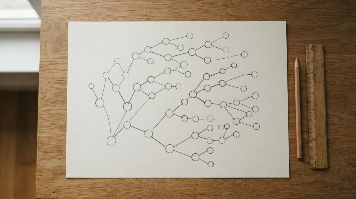 Handgezeichnetes Baumdiagramm auf Papier zur Illustration von Kombinationen