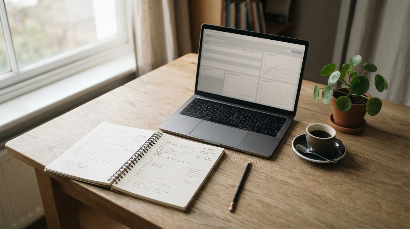 Schreibtisch mit Notizen und Laptop zur Analyse von Über/Unter-Wetten