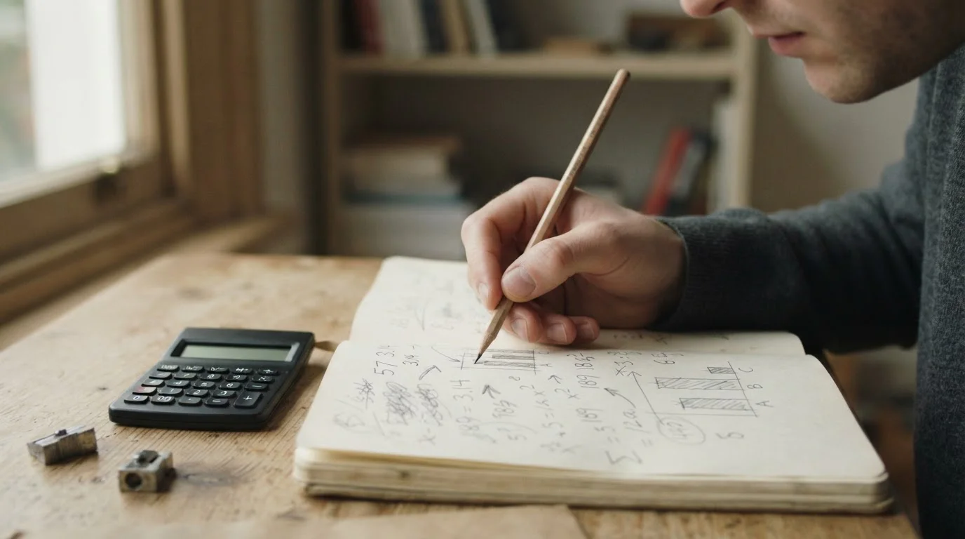 Hand mit Stift rechnet Umsatzbedingungen in einem Notizbuch aus