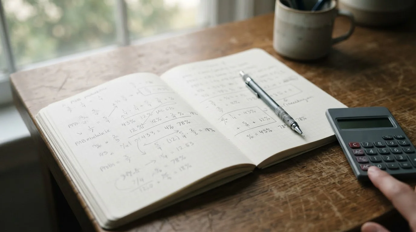 Handschriftliche Berechnung von Wahrscheinlichkeiten in einem Notizblock