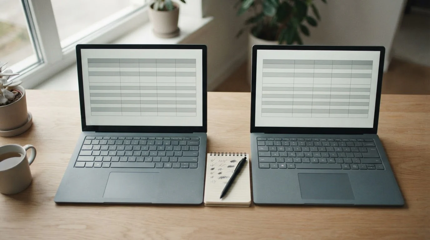 Zwei Laptops mit neutralen Tabellen nebeneinander für einen Vergleich