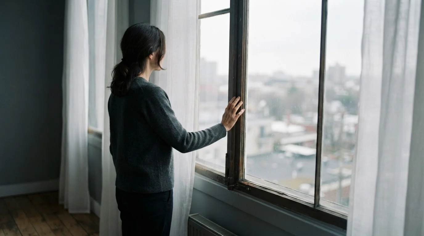 Person am Fenster blickt nachdenklich in die Ferne