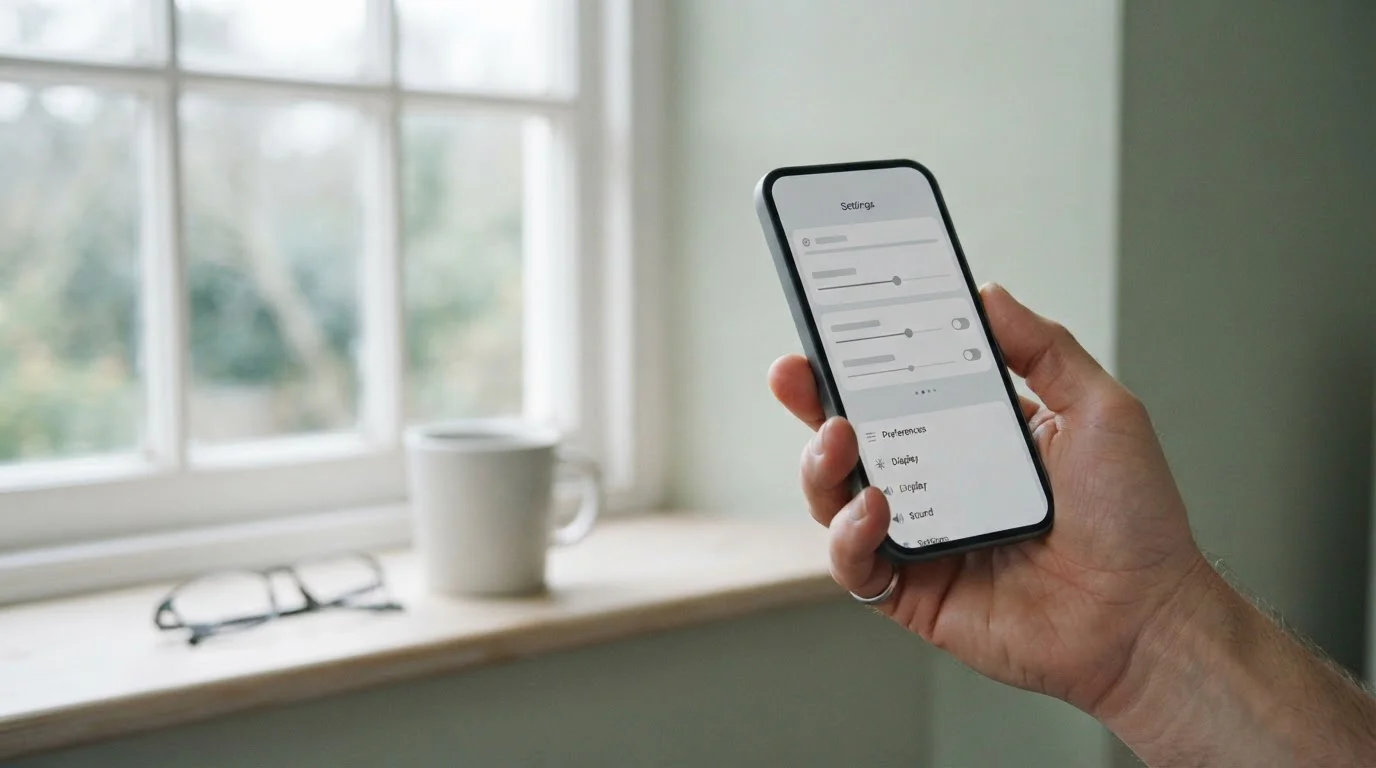 Hand stellt an einem Smartphone ein neutrales Limit in einer abstrakten Einstellungsansicht ein