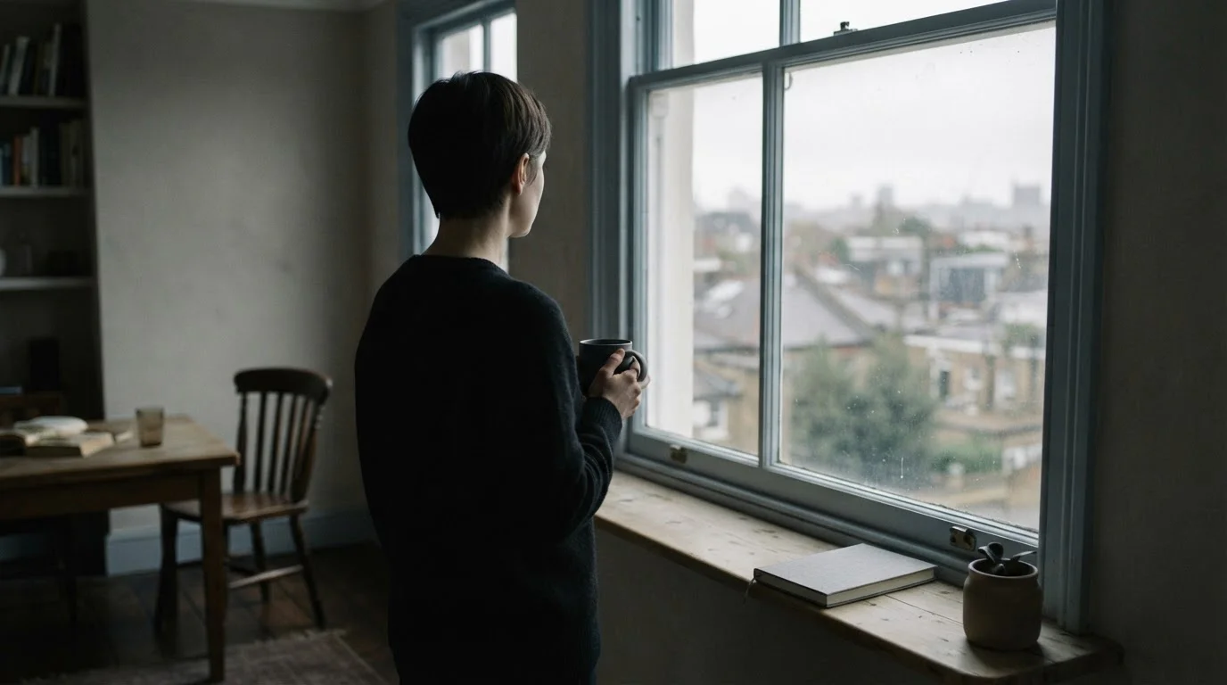 Silhouette einer Person am Fenster mit Tasse und Notizbuch