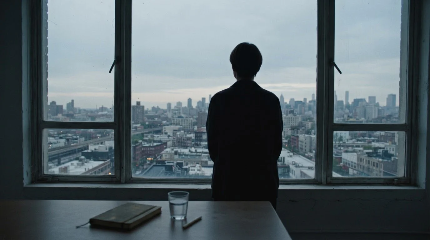 Silhouette einer Person am Fenster mit ruhigem Tageslicht