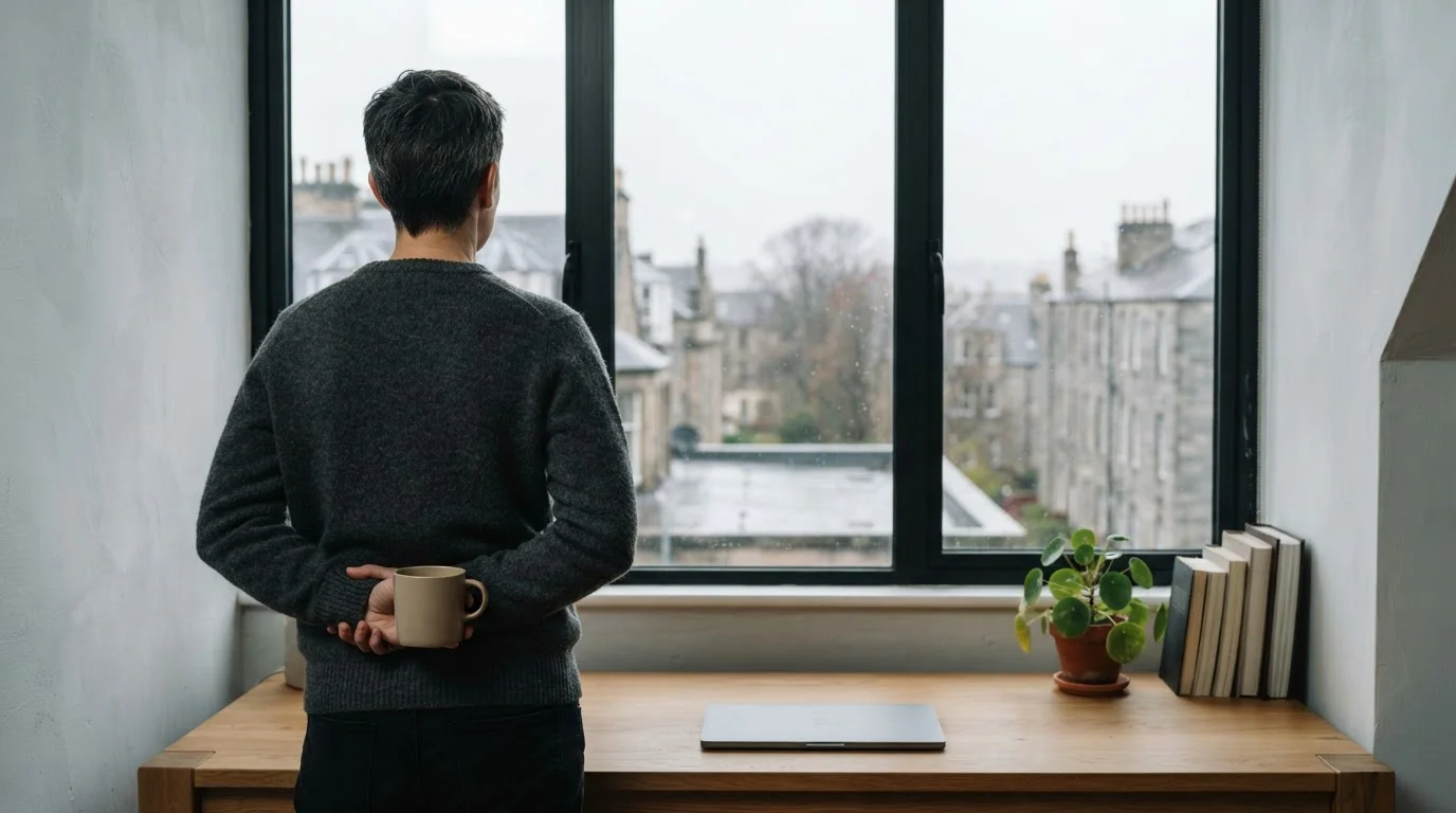 Person am Fenster mit Tasse Tee in ruhiger Umgebung