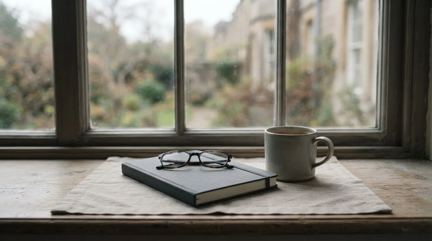 Ruhige Szene am Fenster mit Tasse Tee und geschlossenem Notizbuch