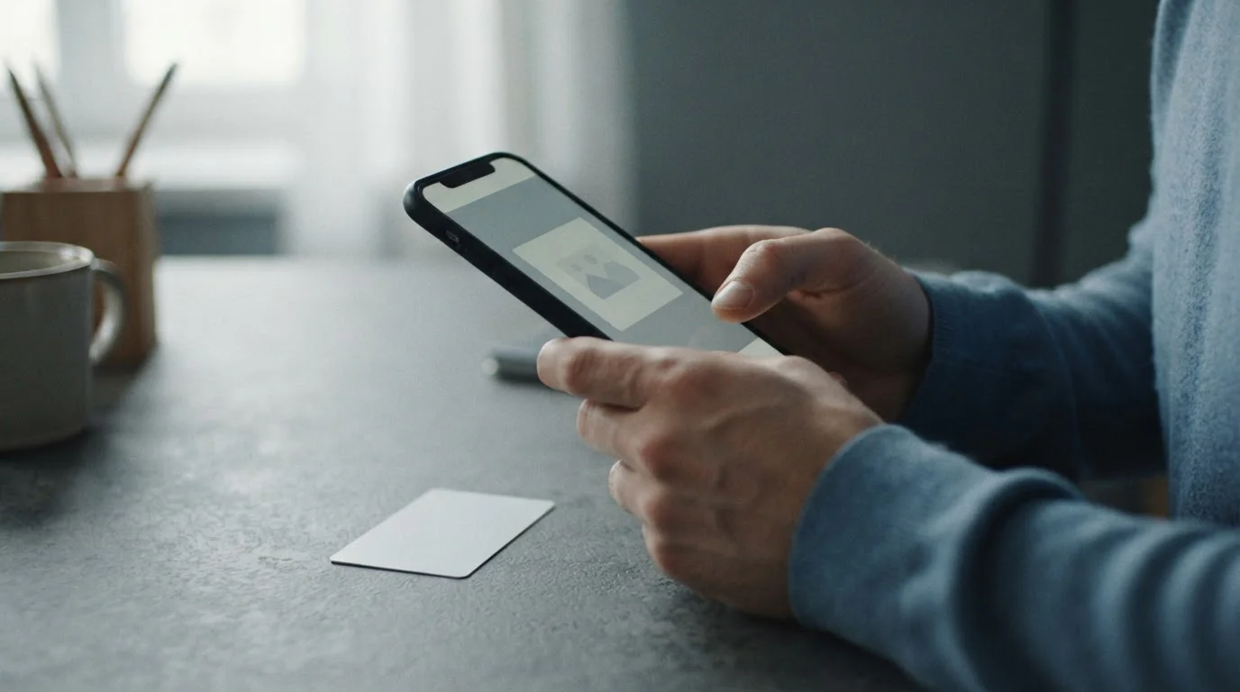 Hände halten ein Smartphone über einem Ausweisdokument bei der Kontoverifizierung