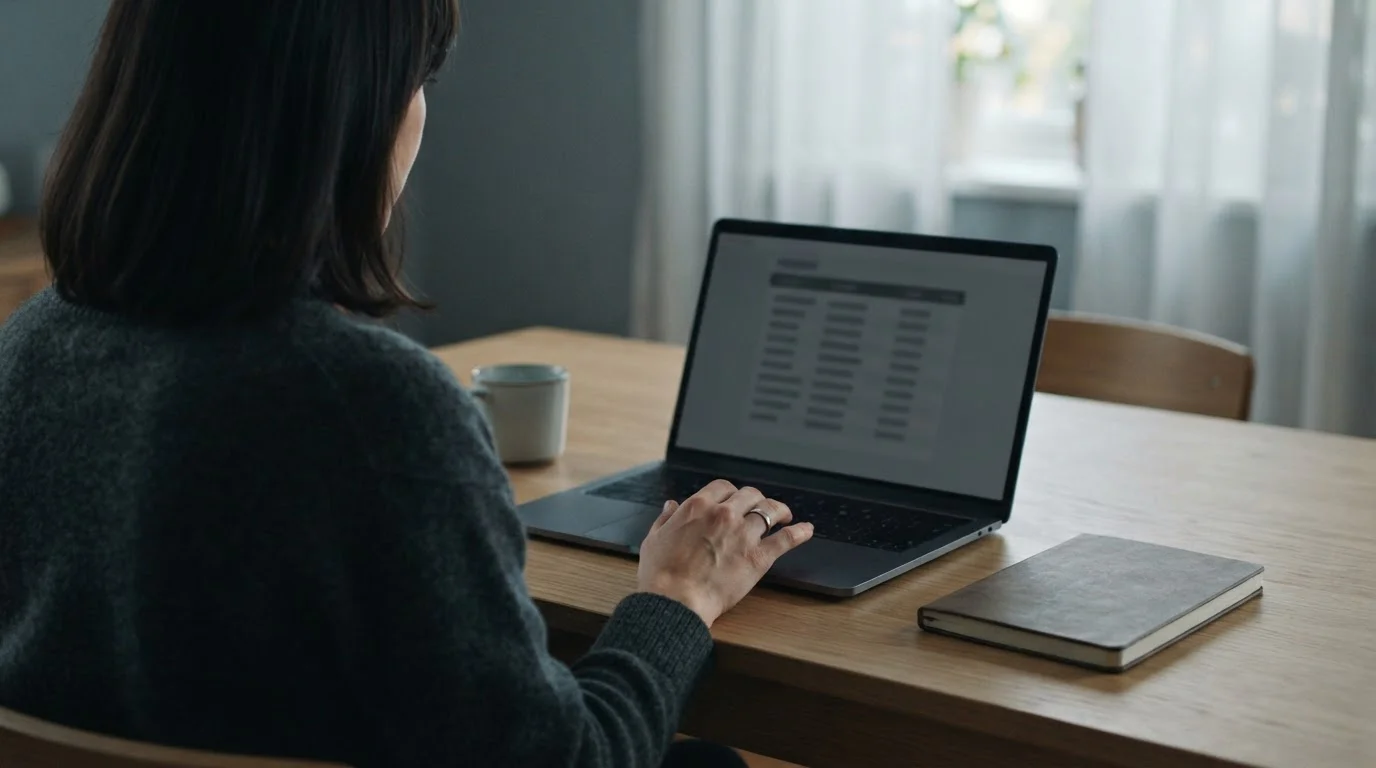 Person prüft aufmerksam Informationen an einem Laptop