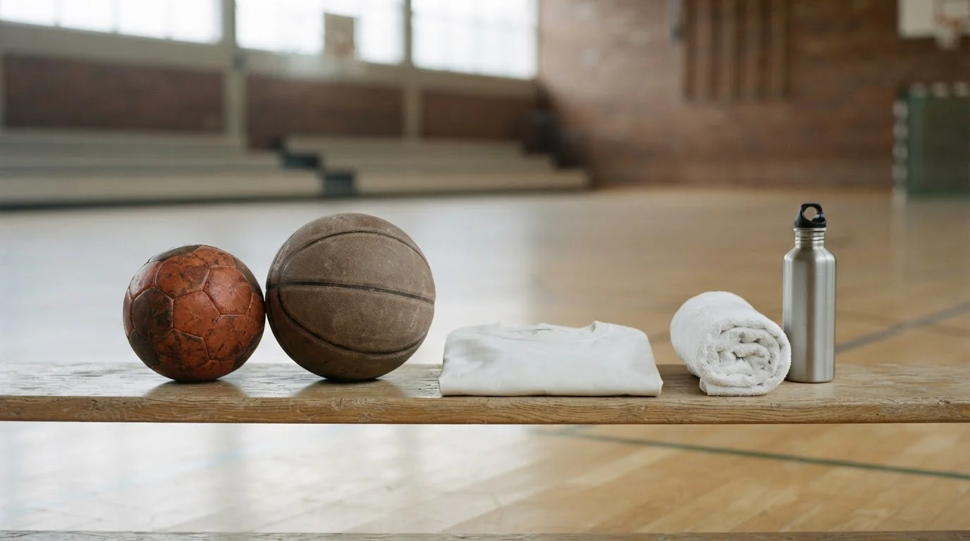 Sportausrüstung für Handball und Basketball auf einer Holzbank