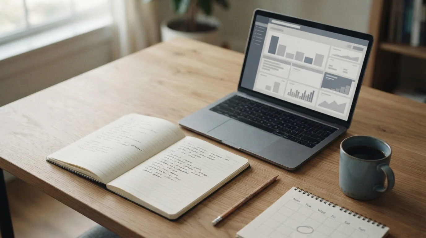 Schreibtisch mit Notizen und Laptop zur Analyse von Wett-Tipps für morgen
