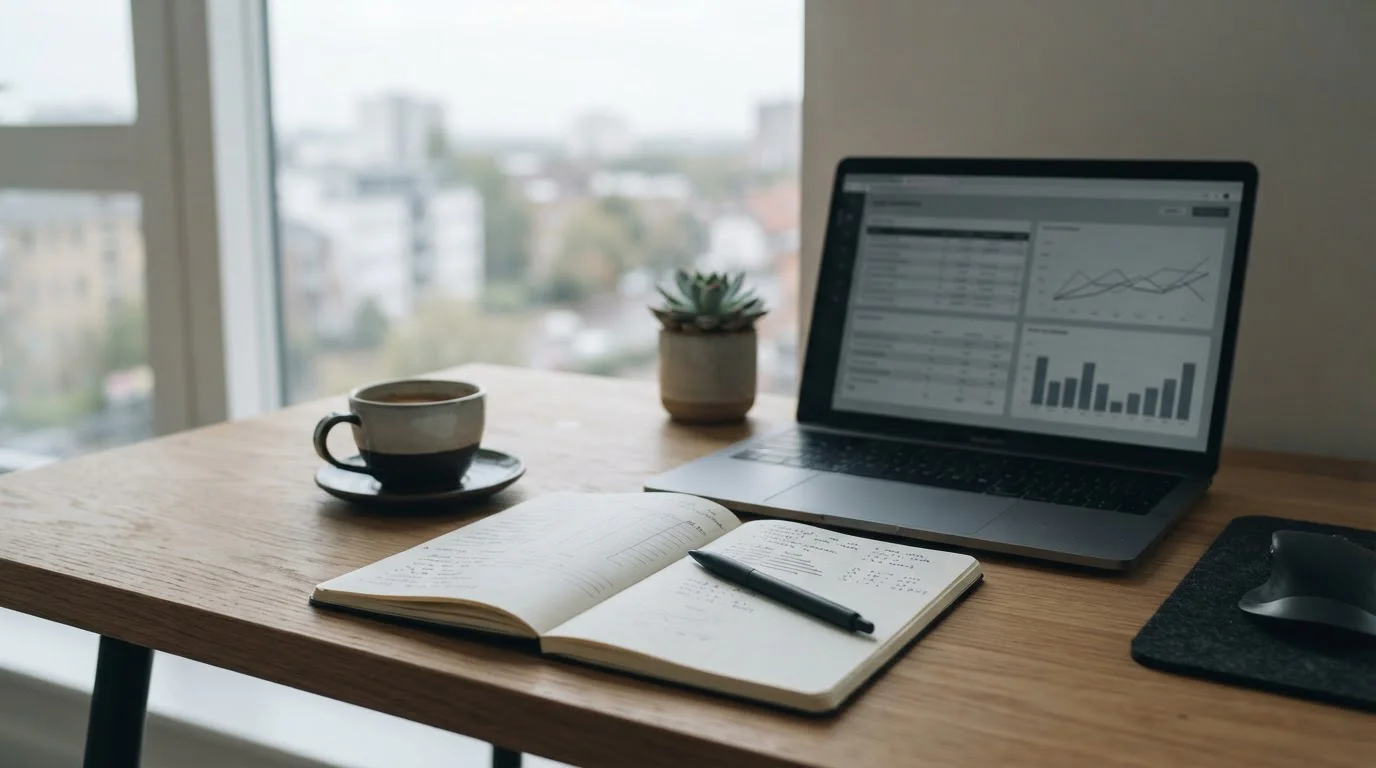 Schreibtisch mit Notizen und Laptop zur nüchternen Analyse von Wett-Tipps