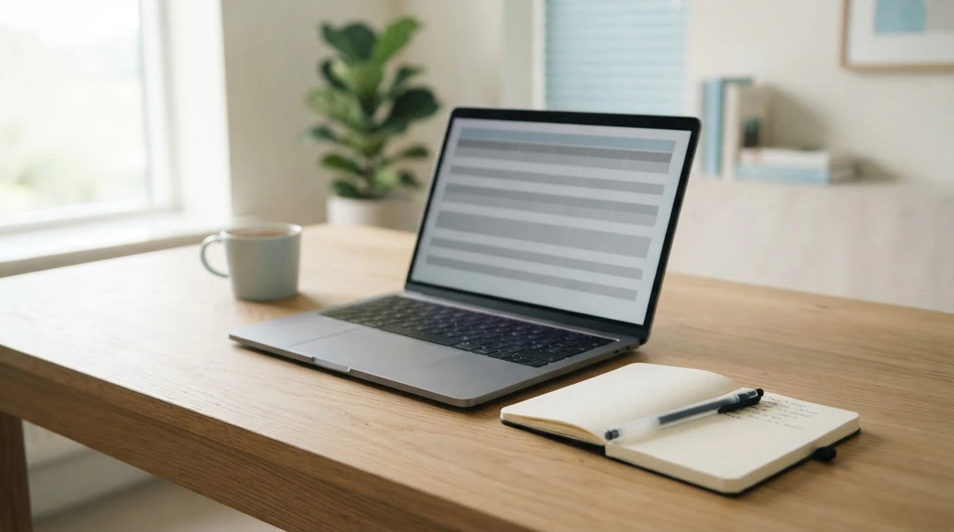 Laptop mit neutraler Vergleichstabelle neben einem Notizbuch