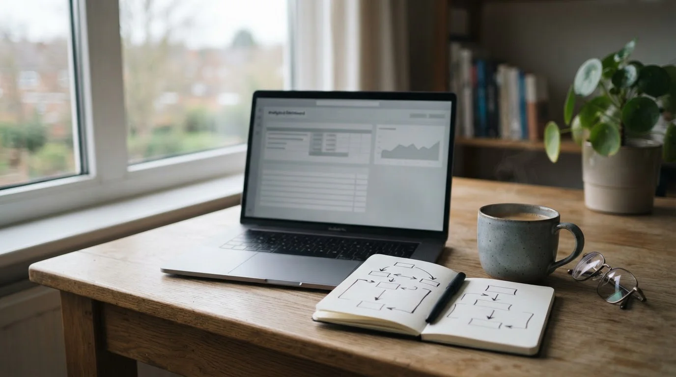 Schreibtisch mit Laptop und Notizen zur Berechnung von Wetteinsatz und Quote