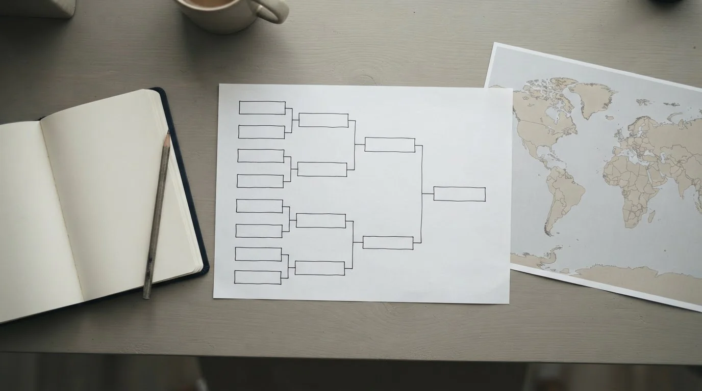 Weltkarte und Turnierschema auf einem Schreibtisch